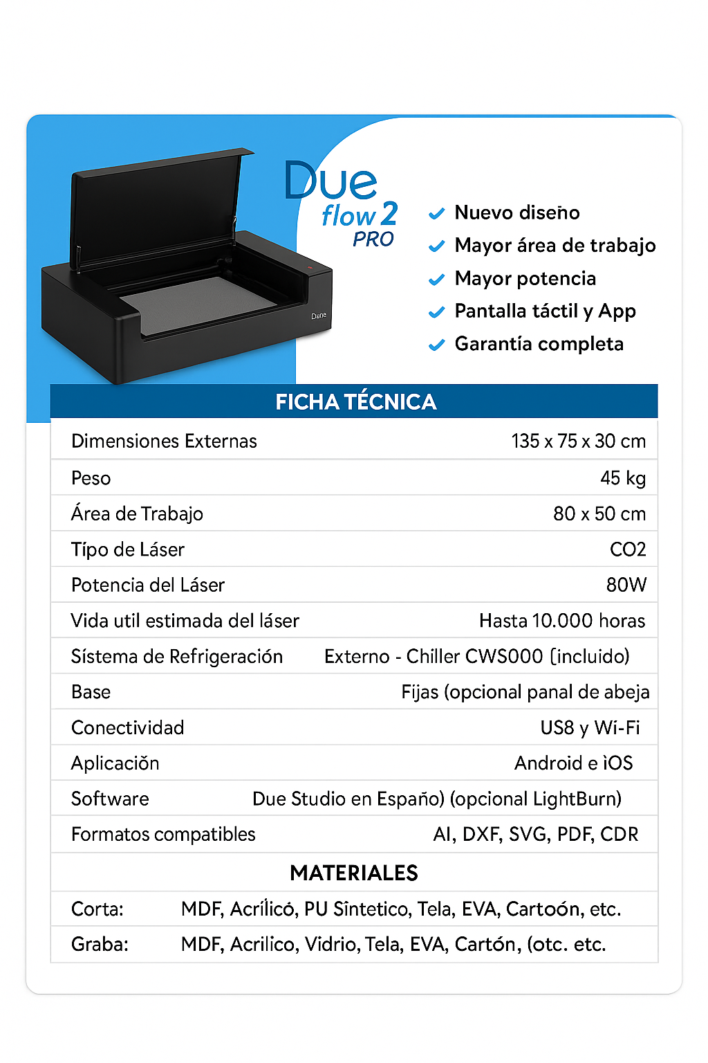 Máquina Láser CO2 Due Flow 2 PRO – 80W | Área de trabajo 80x50 cm