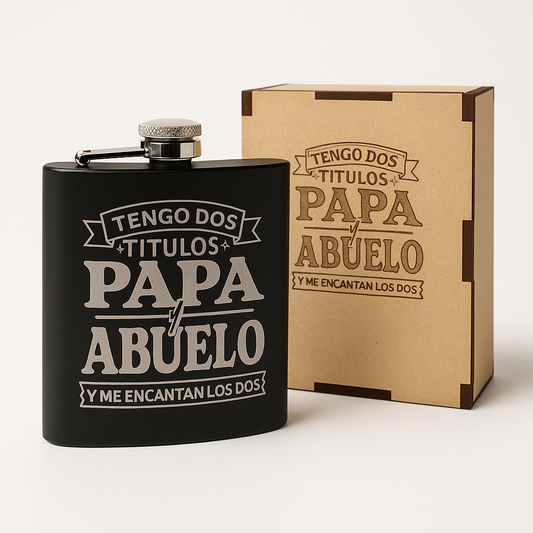 Petaca personalizada con caja de madera grabada a láser | Regalo premium Bendito Láser